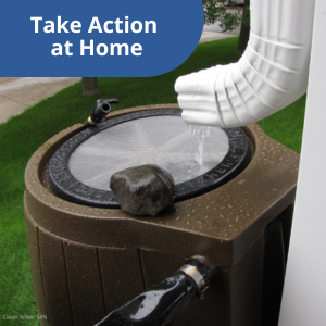 A rain barrel captures water to reuse and a link to "Take Action at Home" page