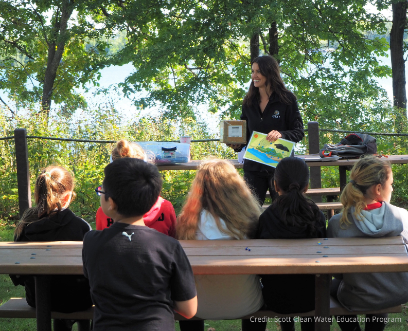 children sitting at a picnic table while a teacher shows them an image of the water cycle