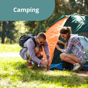A couple is camping in a tent and a link to "Camping" page
